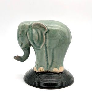 Old Chinese Celadon Elephant Pottery Sculpture Crackle Glaze Marked Bottom